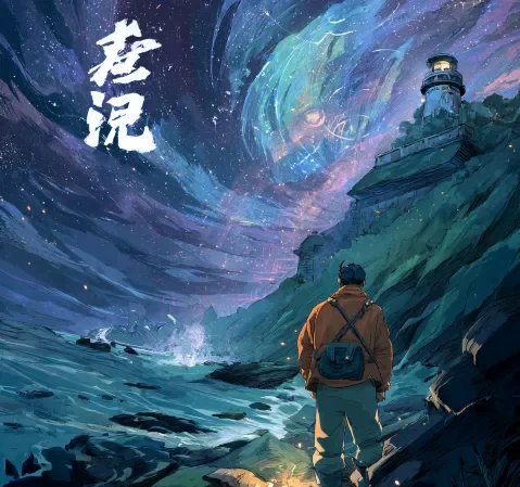 《星轨之下》科幻漫画封面，少年站在星空之下
